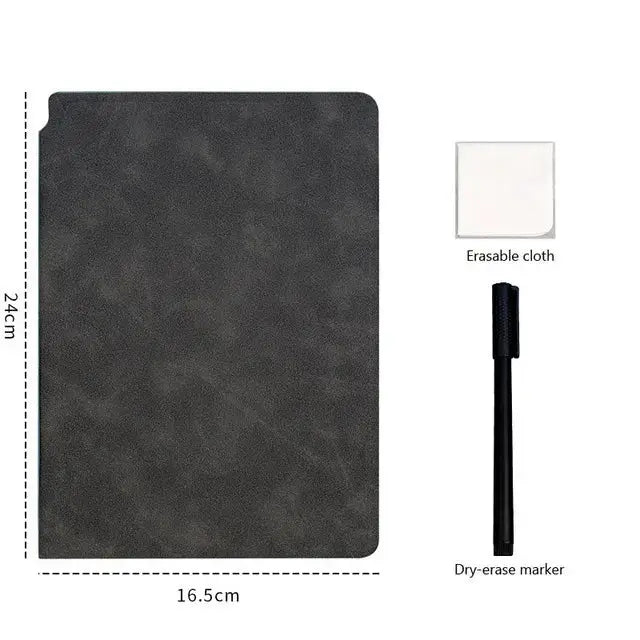 A5 reusable whiteboard notebook with black cover; includes dry-erase marker and erasing cloth for on-the-go planning.