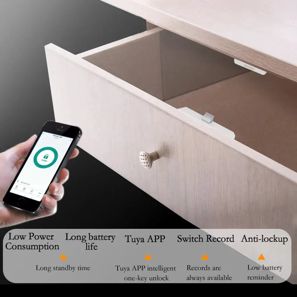 Simples Market Tuya smart drawer lock for file cabinet with NFC/app control, keyless, no-hole installation.
