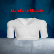 White 3D fake-muscle T-shirt for men with built-in chest and arm padding for cosplay.