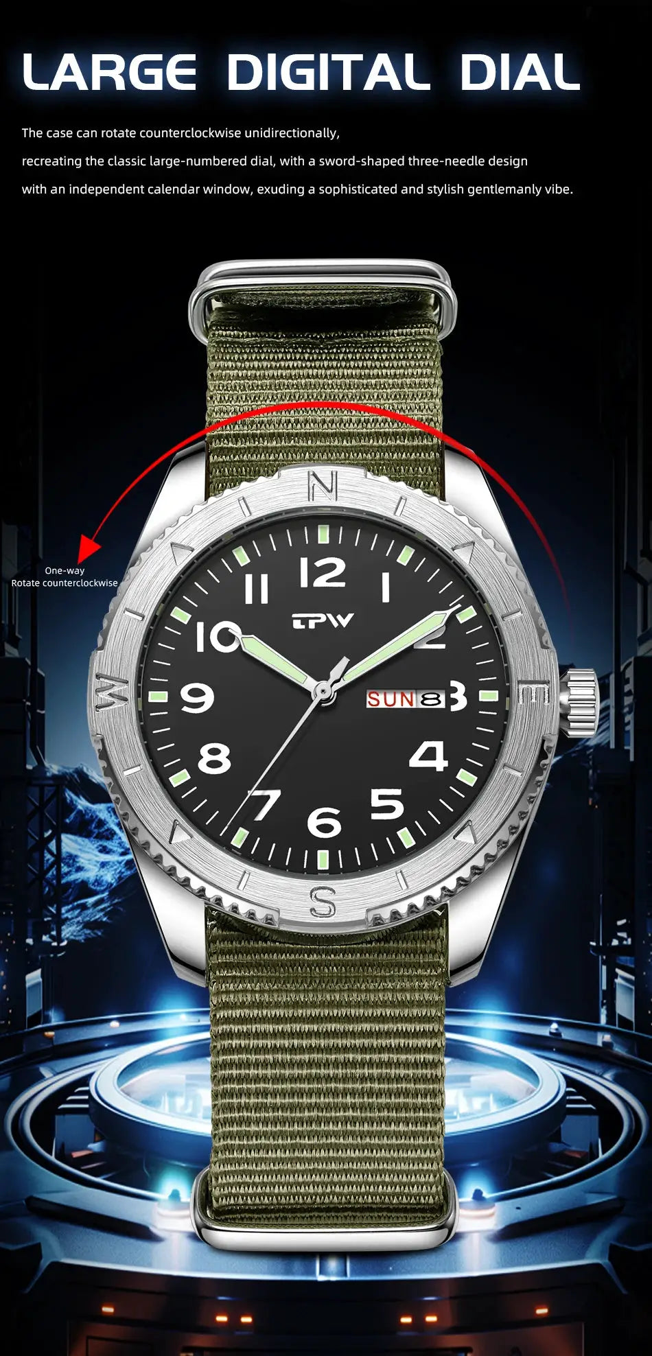 Simples Market field watch, 40mm TPW, olive fabric strap, black dial with luminous hands, rotating bezel, date and day window