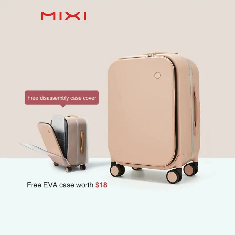 Mixi aluminum-frame carry-on luggage in peach; 2-piece set with large suitcase and free EVA case.
