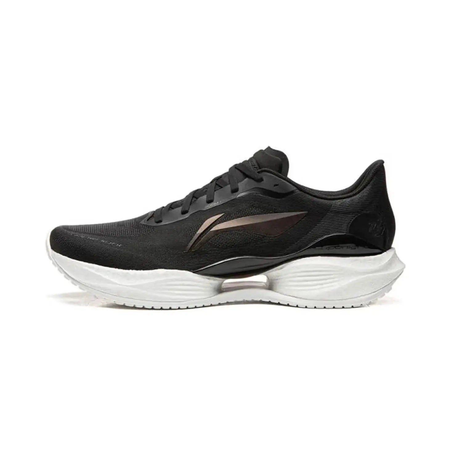 Li-Ning men's running shoes in black with white sole and bronze side logo