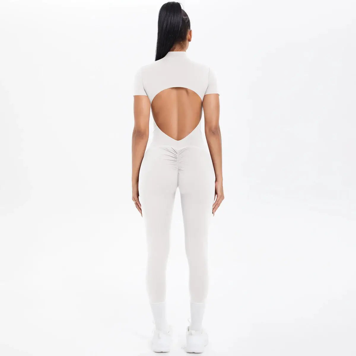 Simples Market white backless women's fitness jumpsuit; short sleeves, scrunch design for gym and yoga