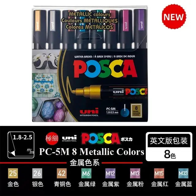Uni Posca metallic marker set PC-5M in original vinyl pen case – 8 water-based metallic colours