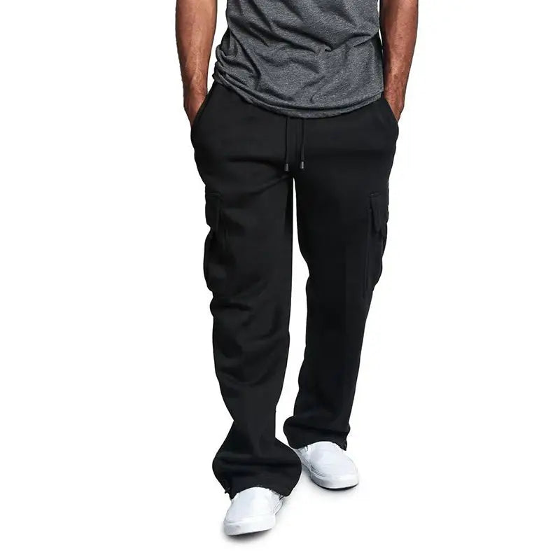 Men's black straight-fit cargo joggers with drawstring waist and multiple pockets