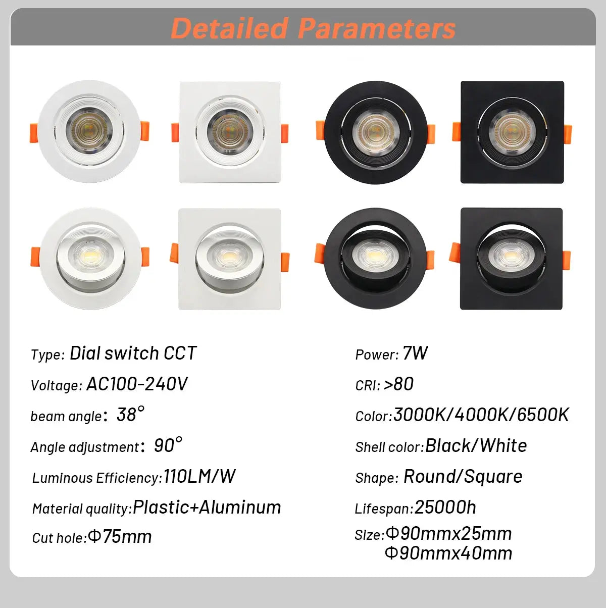 LED ceiling spotlight set, 8 pcs with white/black round and square frames and orange mounts; 7W, 3 CCT.