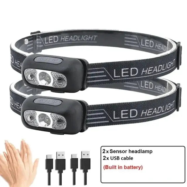 Strong Light Sensor USB C Rechargeable LED Headlamp Hands Free Portable For Camping And Outdoor Activities