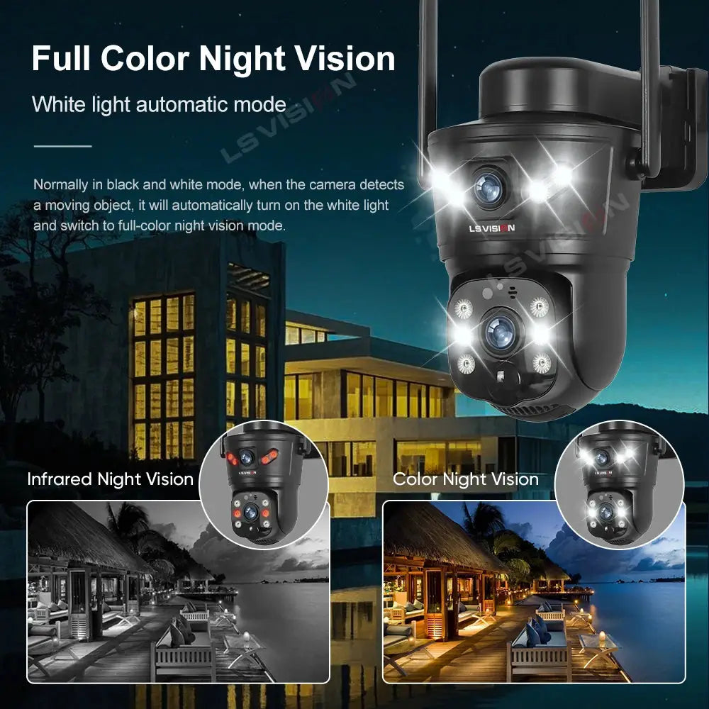 LS VISION 4G/WiFi outdoor solar security camera, 8MP dual lens with PIR, built-in night vision, waterproof