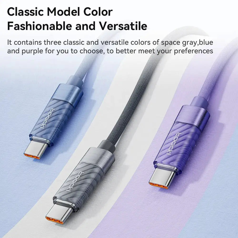 Toocki USB-C to USB-C cables, three transparent braided colors (blue, gray, purple) for 100W PD fast charging.