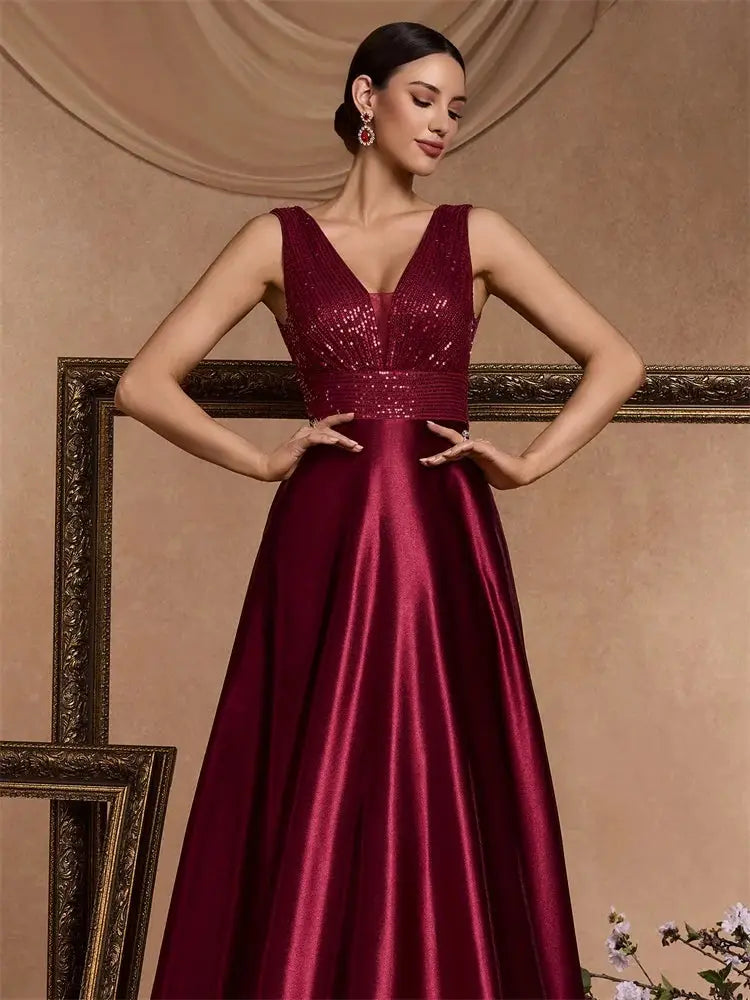 Emerald Green Sequin Evening Dress V Neck Satin Prom Floor Length