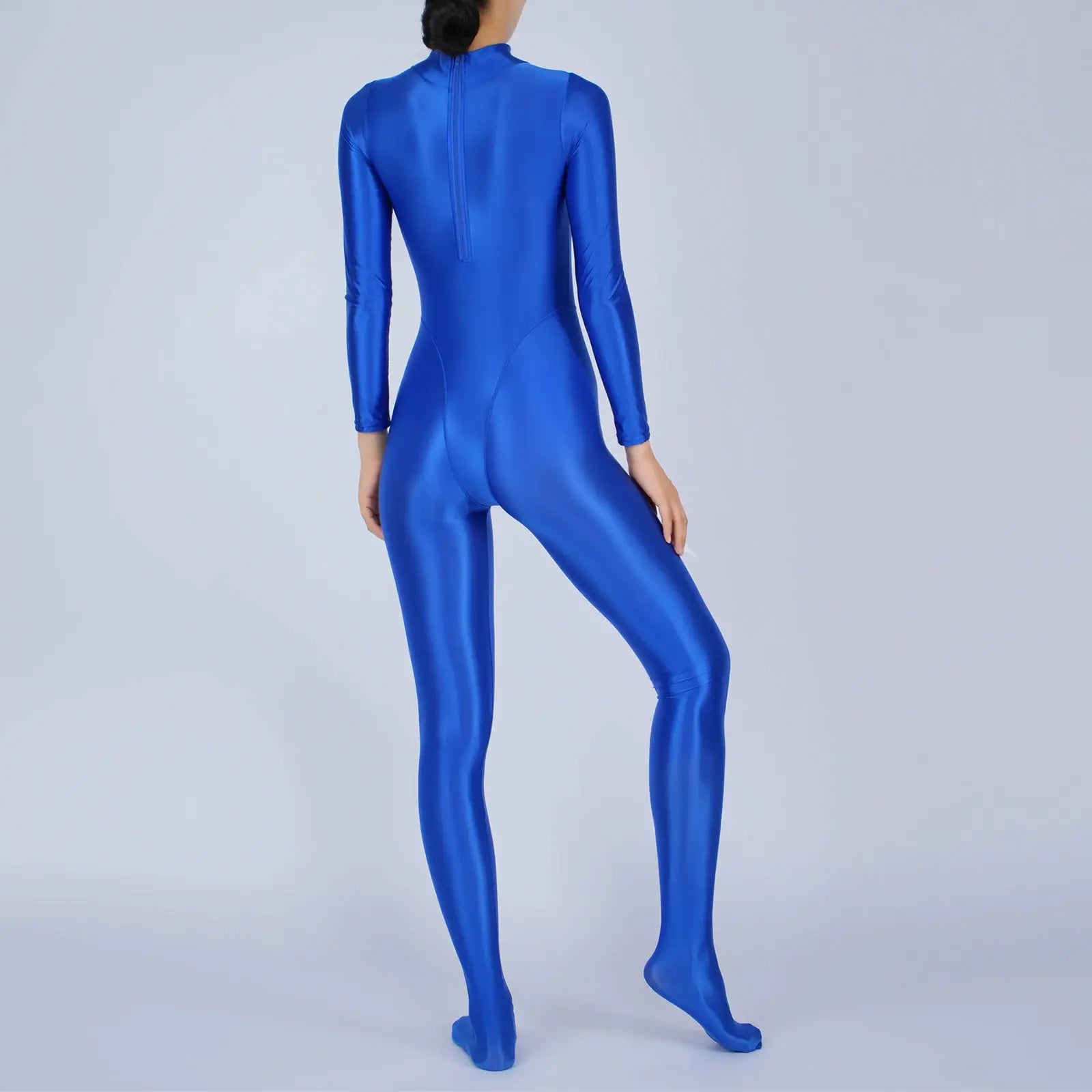 Women's blue full-body jumpsuit with back zipper, long sleeves, footed.