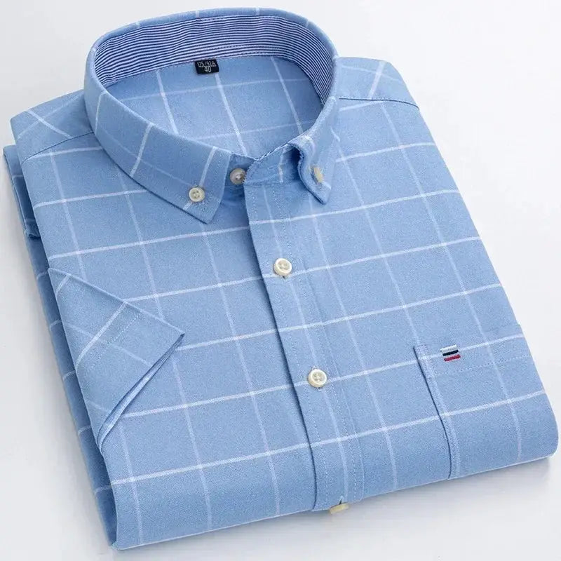 Simples Market blue plaid cotton oxford shirt folded, button-down front, small logo on chest pocket.