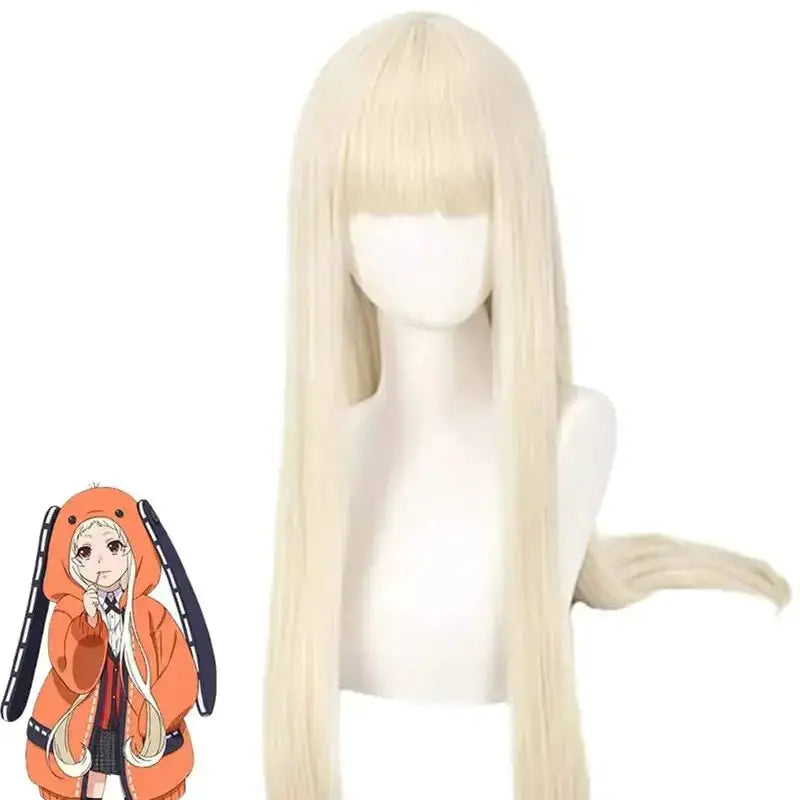 Creamy blonde long straight bangs cosplay wig on mannequin head
