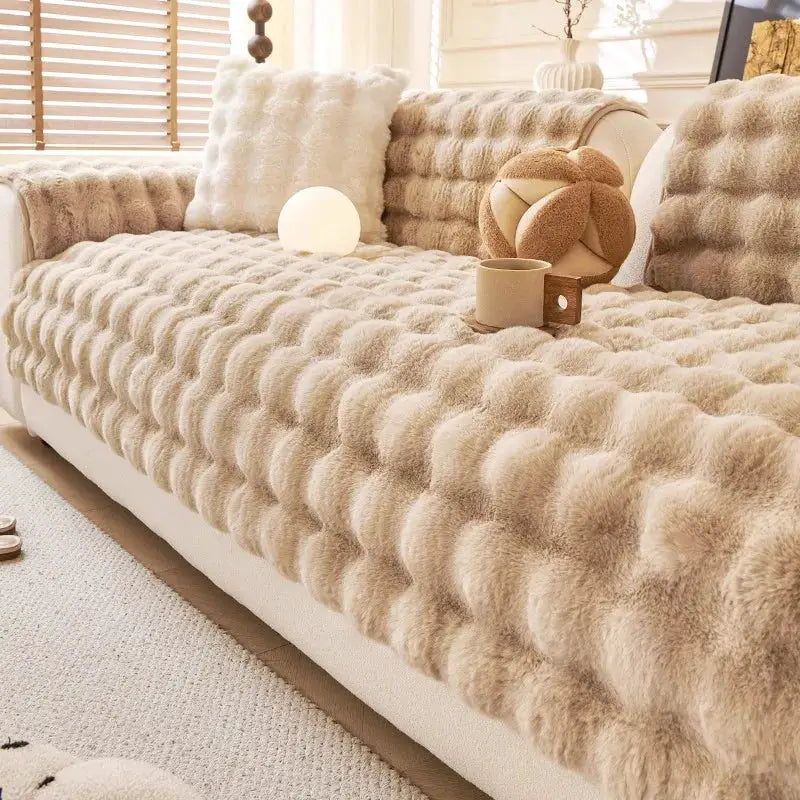 Simples Market thick faux rabbit fur sofa slipcover in beige for plush living room decor
