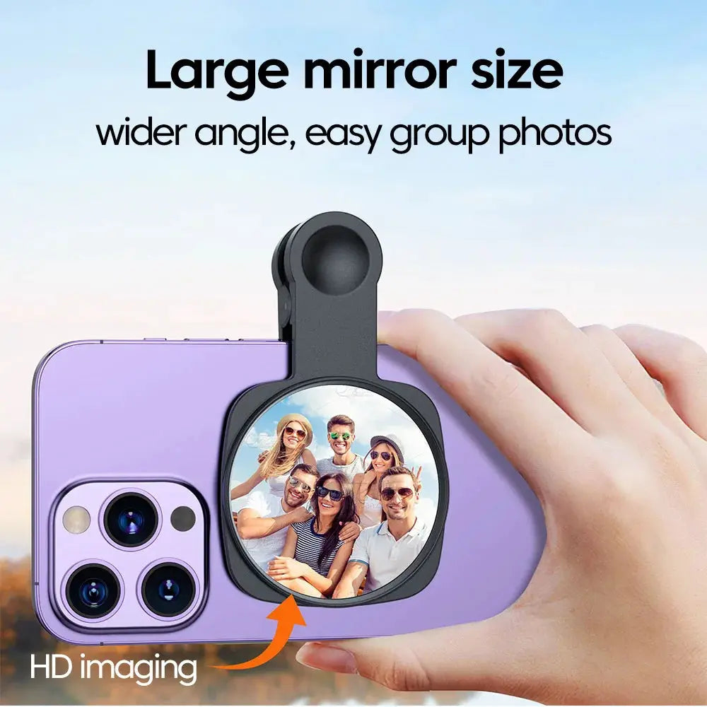 Smartphone camera lens selfie mirror clip kit, black clip with large circular mirror for iPhone and Samsung