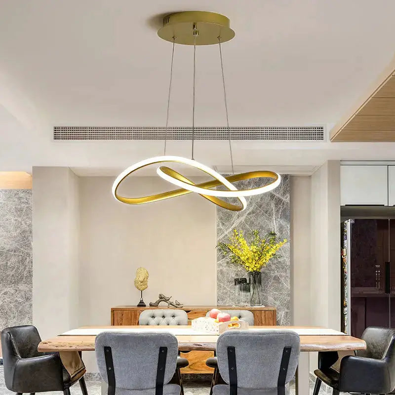 Dining room pendant lamp with intertwined gold loops, clover design, modern Nordic style