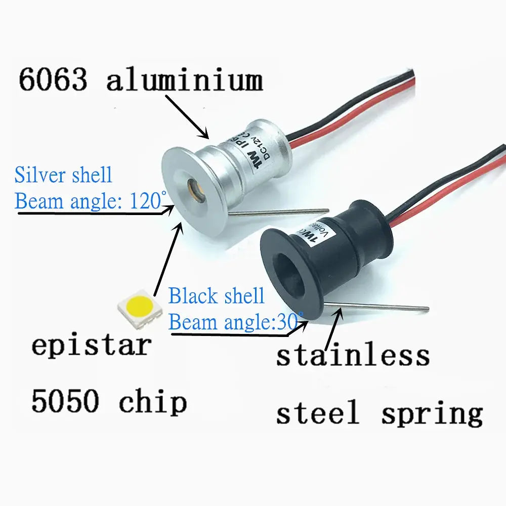 Two 1W mini LED downlights 12V with epistar 5050; silver 120° beam and black 30° beam variants for cabinets or stairs