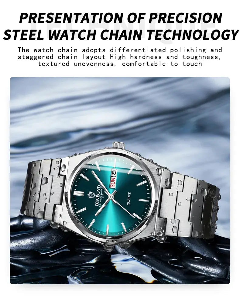 BINBOND stainless steel men's watch with teal dial, day-date display, quartz movement