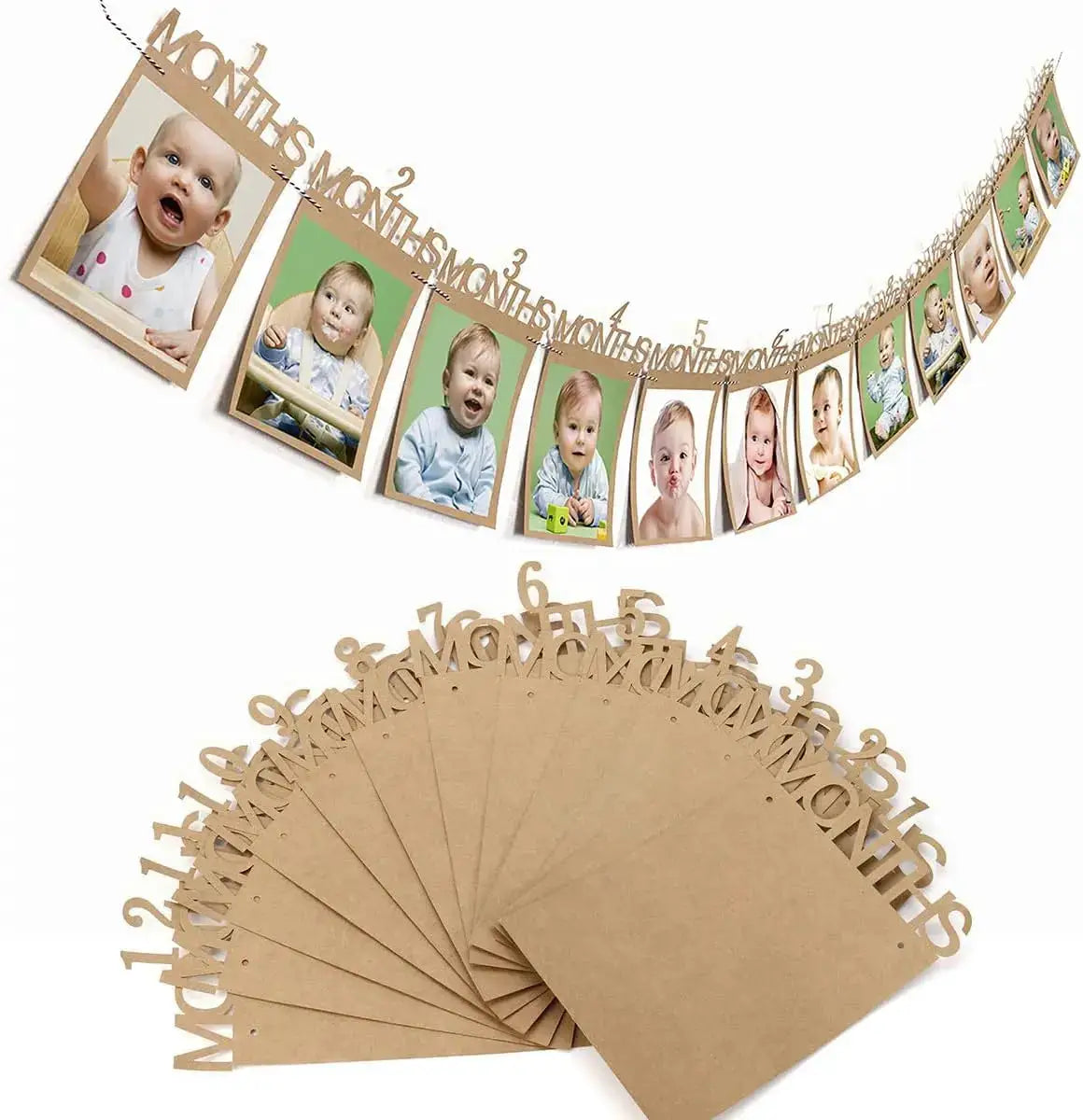 Kraft Paper Baby Growth Record Banner 1 To 12 Months Photo Clips First Birthday Party Decoration For Boy Or Girl