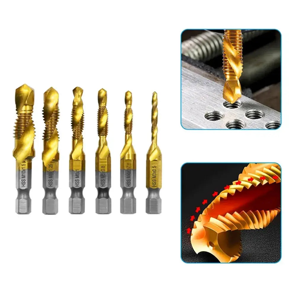 6 Piece High Speed Steel 4341 Titanium Plated Tap Drill And Tap Set With Integrated Tap For Chamfering