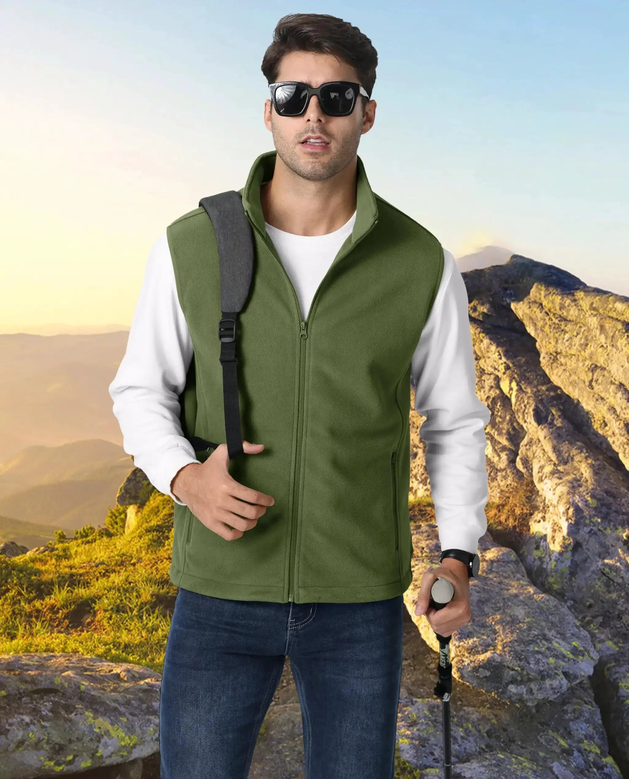Men's TACVASEN fleece vest with stand collar, olive green sleeveless outdoor waistcoat for hiking