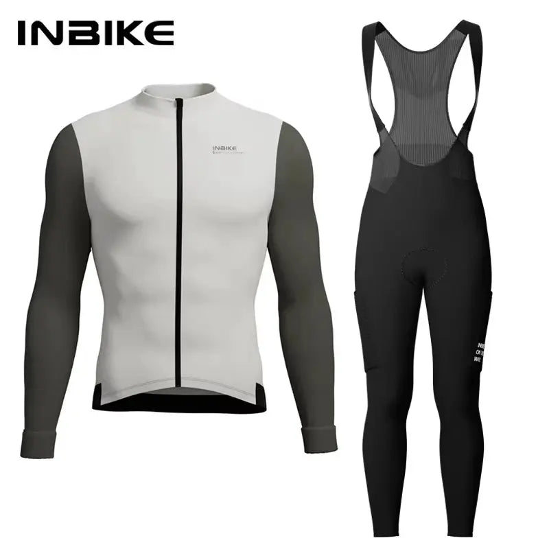 INBIKE winter cycling set for men: fleece long-sleeve jersey with pockets and black bib tights