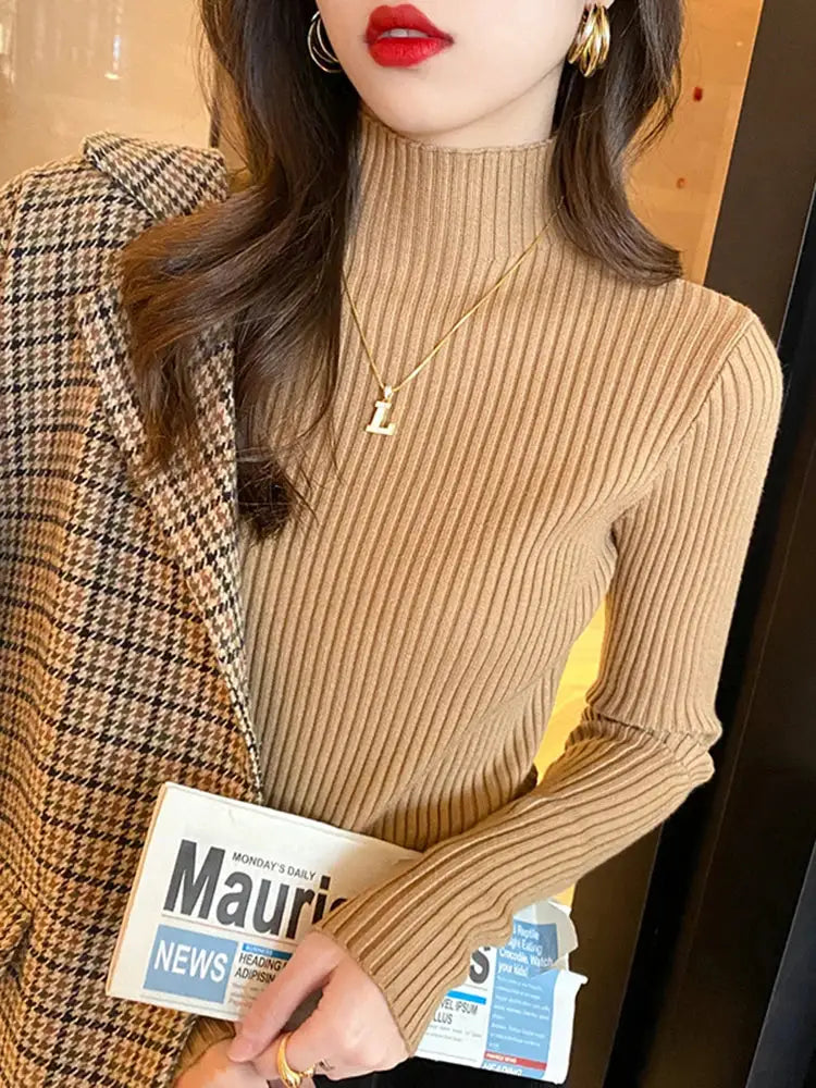 Elegant Solid Basic Knitted Turtleneck Sweater For Women Long Sleeve Slim Casual Pullover Korean Fashion Chic