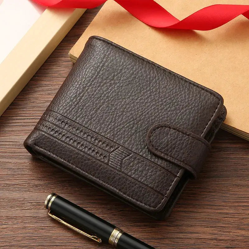 Men's brown pebbled leather slim bifold wallet with card slots and strap closure