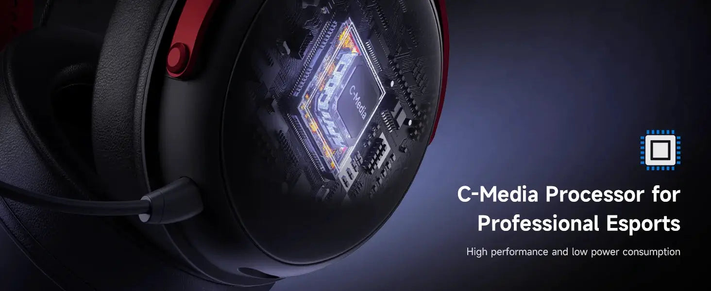 MCHOSE V9 Pro wireless gaming headset; black with red accents, 7.1 surround, C-Media processor visible in earcup.