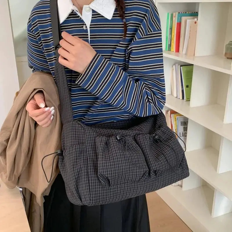 Korean nylon shoulder bag in gray plaid with zipper tote and drawstring closure crossbody strap