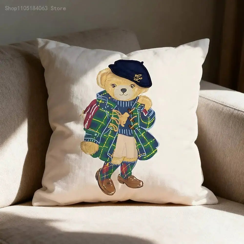Throw pillow cover featuring a cute bear in a blue plaid coat on white fabric