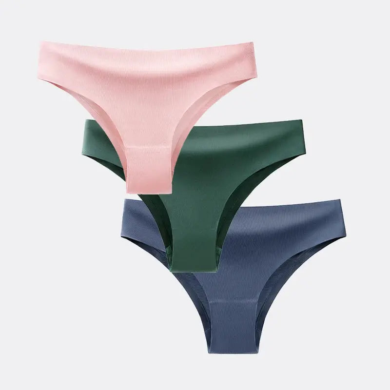 BANNIROU 3Pcs women's seamless T-back thong underwear in pink, green, and blue ice-silk fabric.