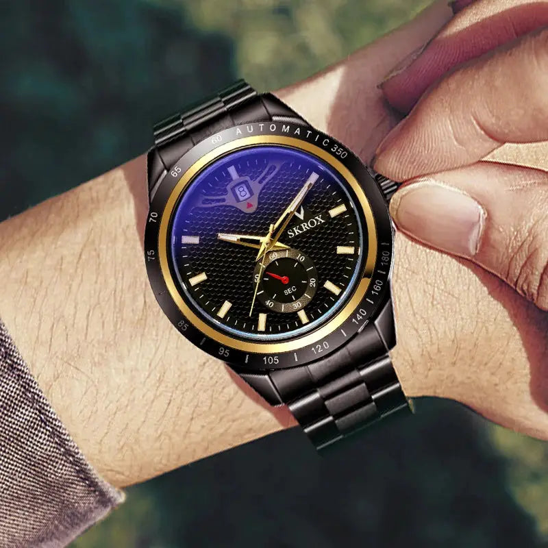 SKROX luxury sapphire stainless steel automatic men's wristwatch by Simples Market with black dial and gold accents