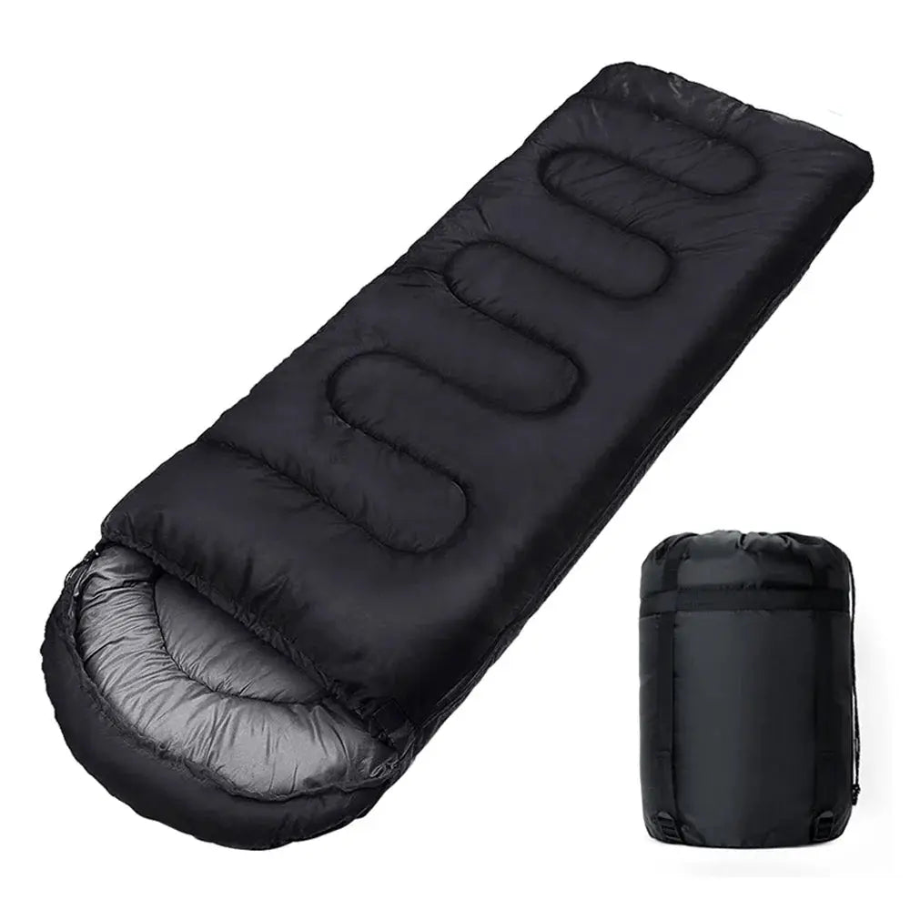 Camping sleeping bag ultralight waterproof 4-season envelope style, black with gray interior, includes carry bag.