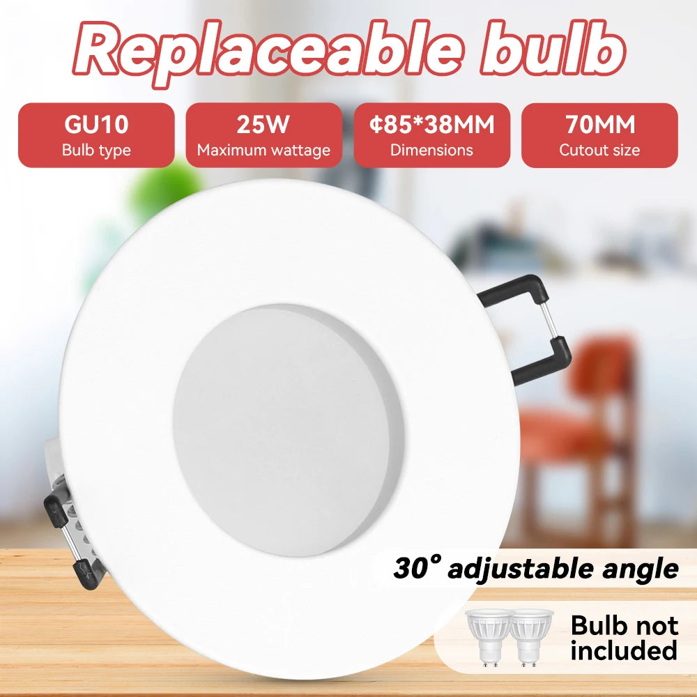 White round GU10 LED ceiling downlight with 30° adjustable angle, bulb not included