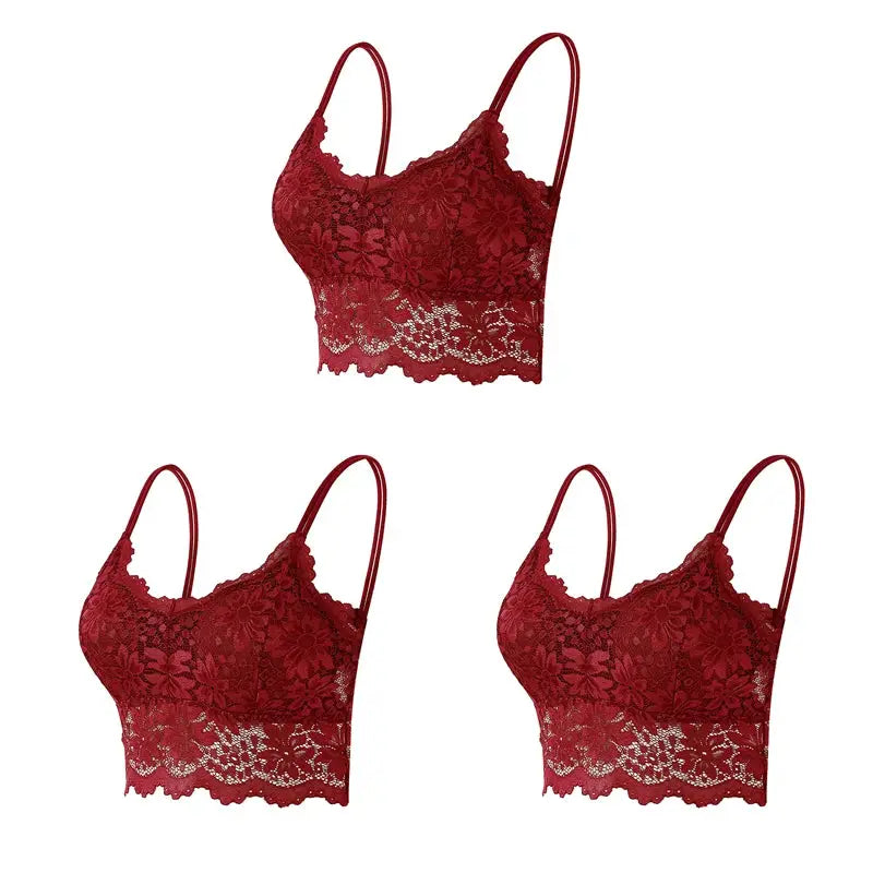 3-pack red lace bralettes by Simples Market, wireless seamless lingerie for women.