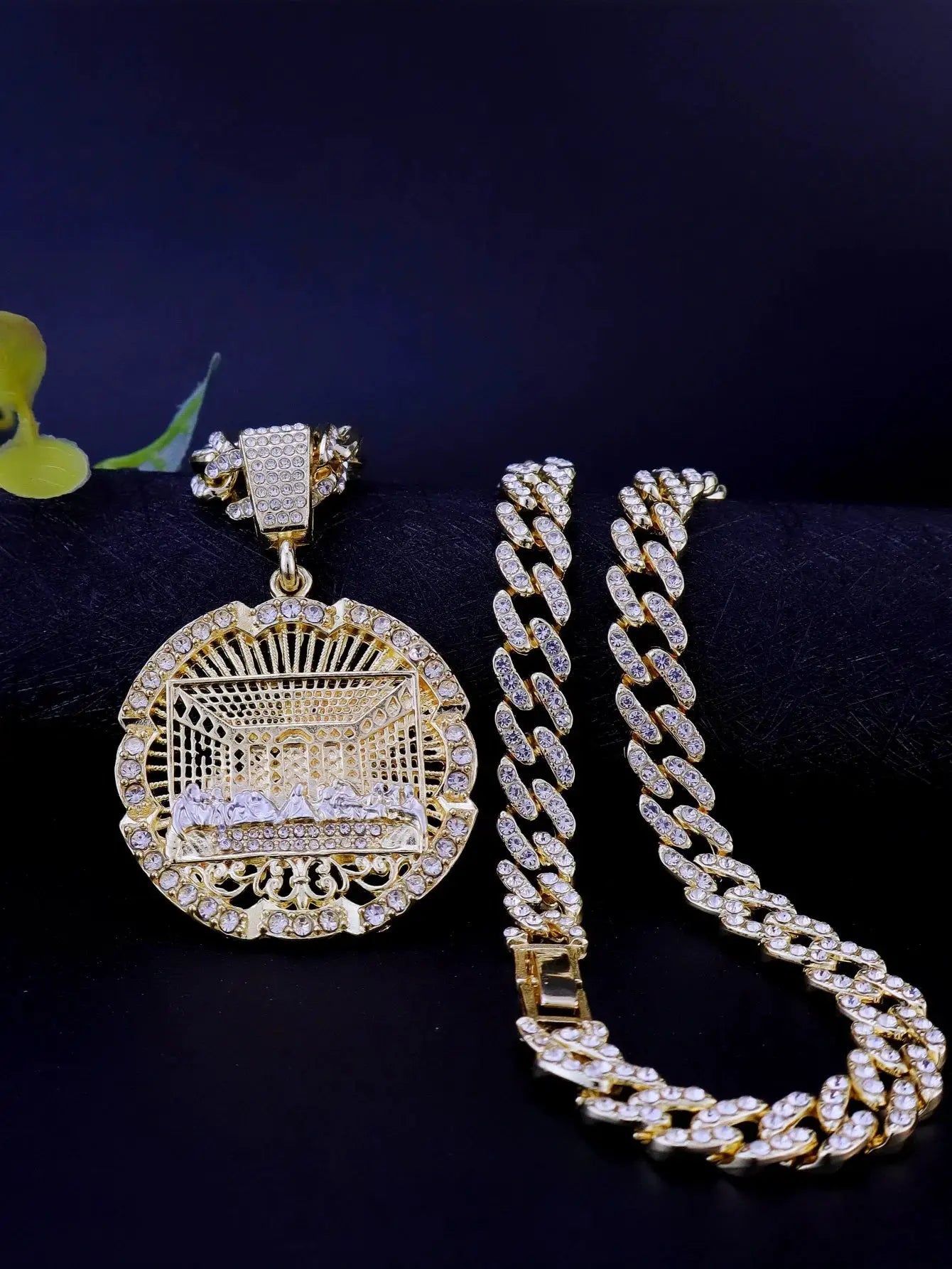14K Gold tone Last Supper Round Medallion Necklace With Cuban Chain And Figaro Cross Charm For Hip Hop Punk Style