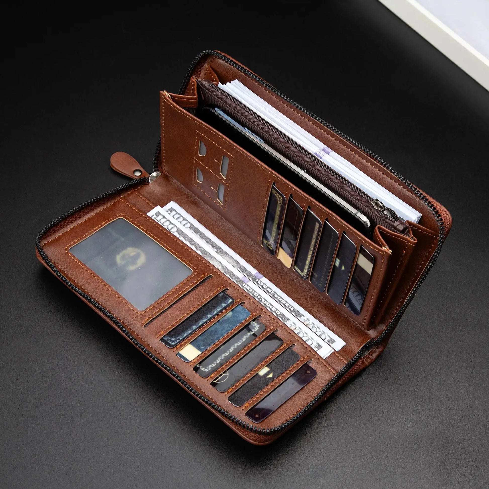 Men's long zipper PU leather wallet by Simples Market, RFID-blocking, with card slots and cash compartments.