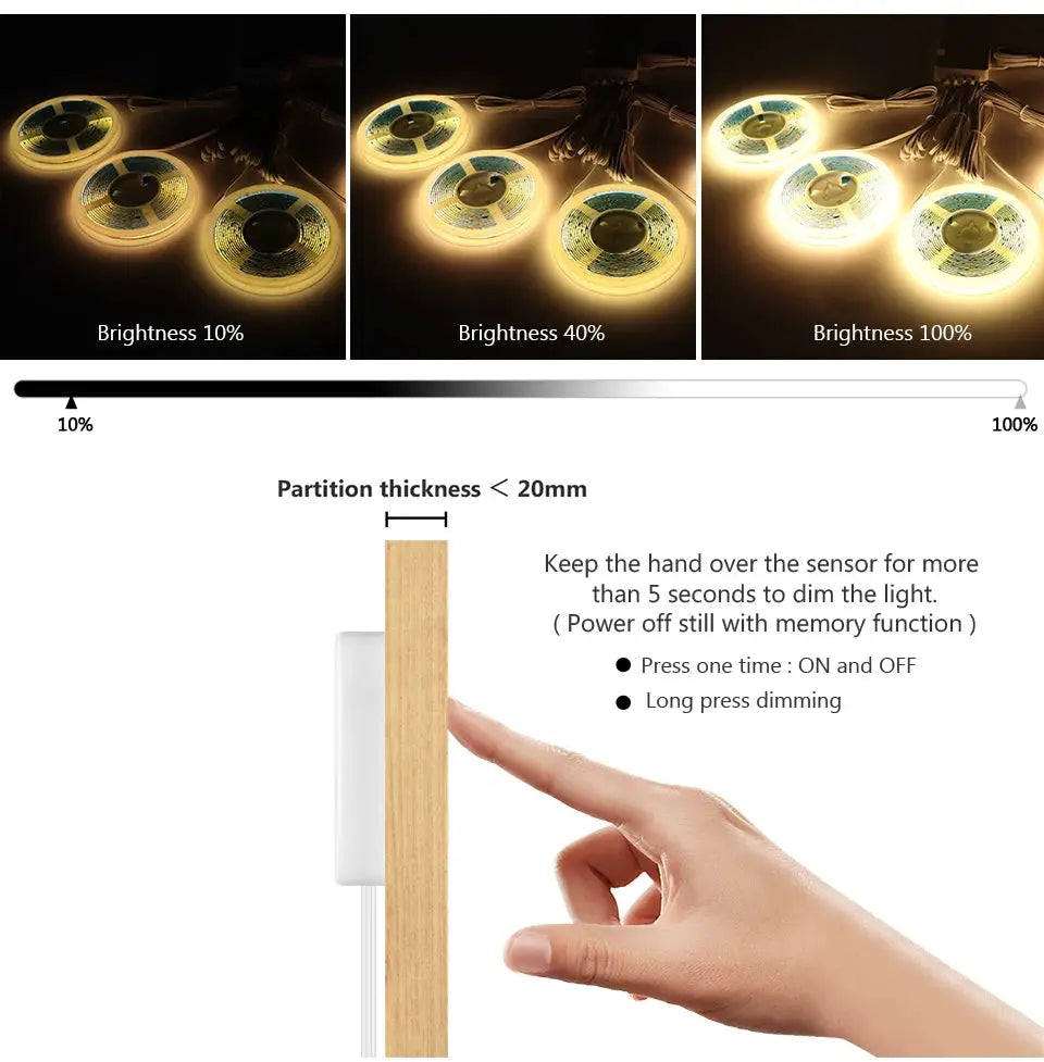 Simples Market LED COB light strip with touch dimmer on wooden panel; warm white ambient wall light, three brightness levels shown