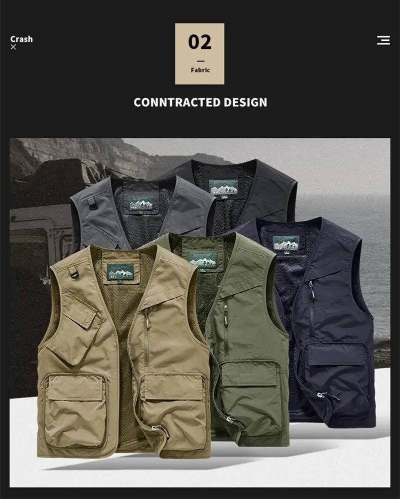 Men's fishing vest set by Simples Market, 5-pack sleeveless multi-pocket vests in khaki, tan, olive, green and navy.