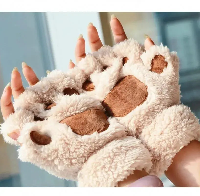Cartoon Cute Cat Claw Paw Gloves Women Plush Mittens Warm Soft Short Fingerless Fluffy Bear Cat Gloves Costume