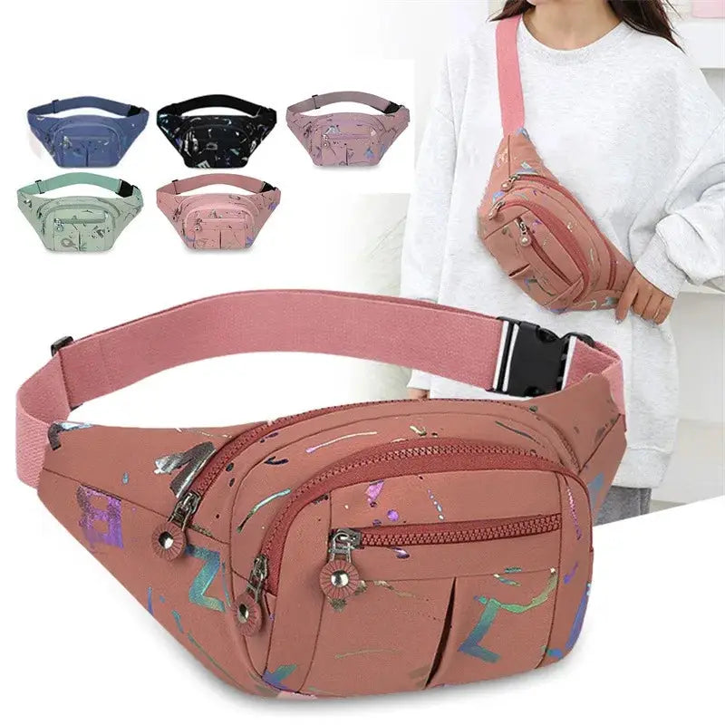 Women's waist bag by Simples Market, pink oxford cloth belt bag with paint print, adjustable strap; six color options