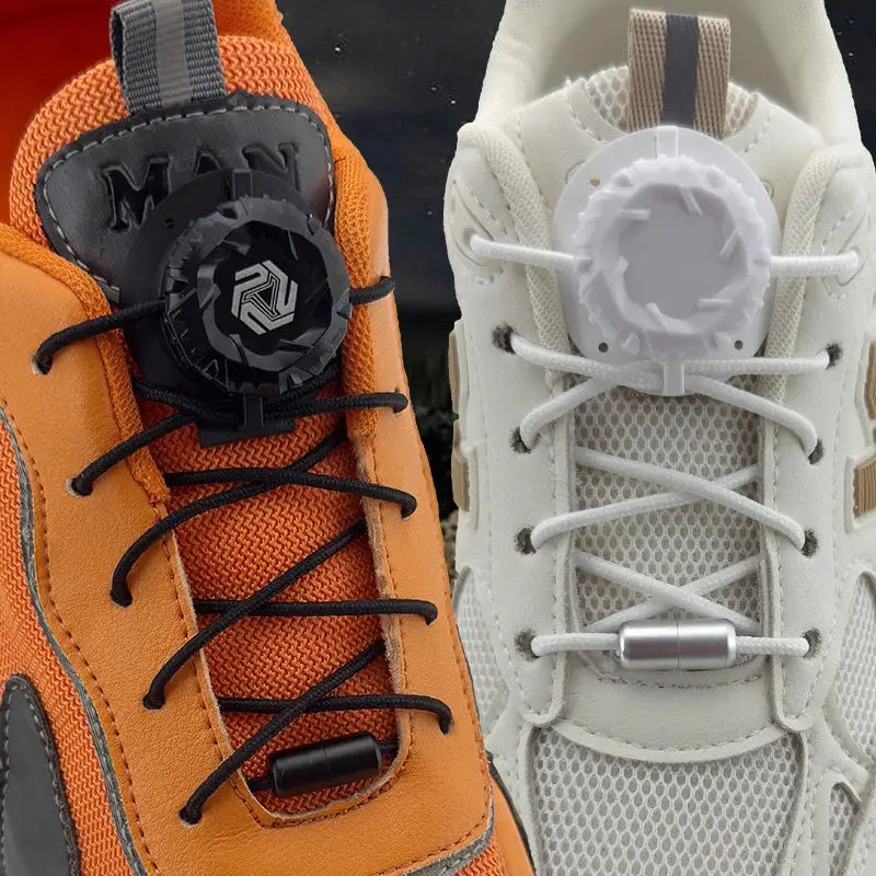 Two pairs of no-tie sneaker laces with swivel buckle locks on orange and white sneakers