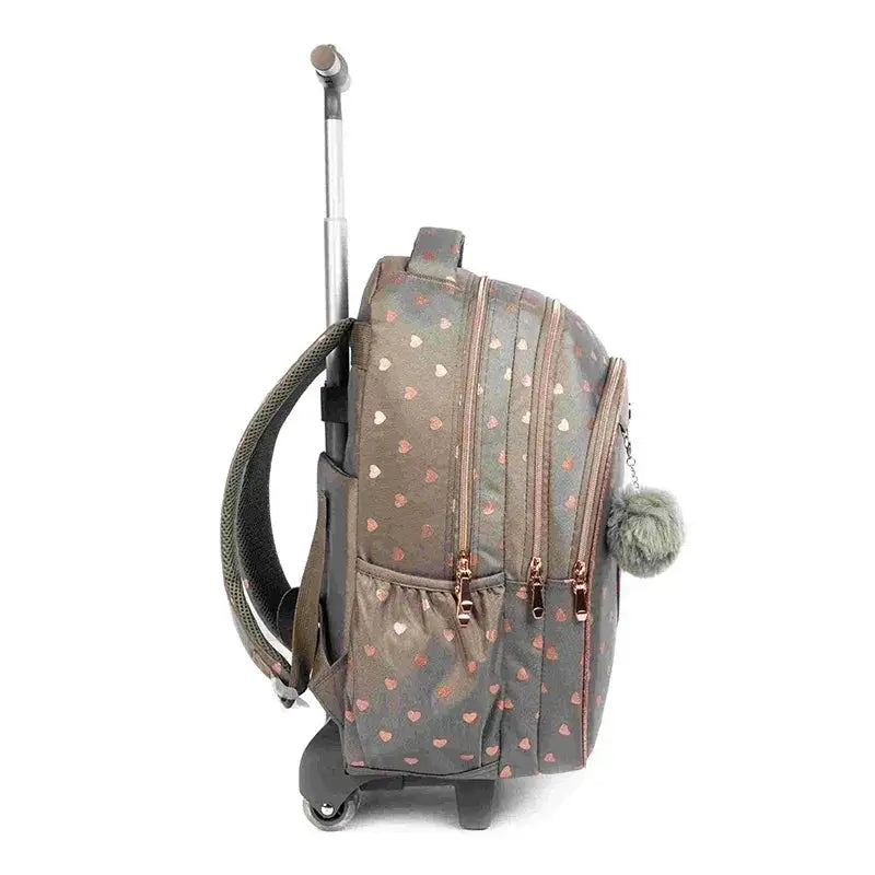 Children's wheeled backpack with gray heart-print fabric, extendable handle and wheels
