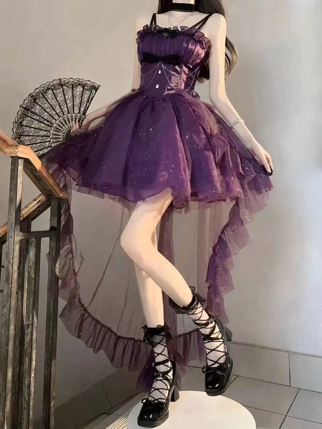 Gothic Y2K Sling Party Dress For Women Harajuku Retro Tulle Ruffles