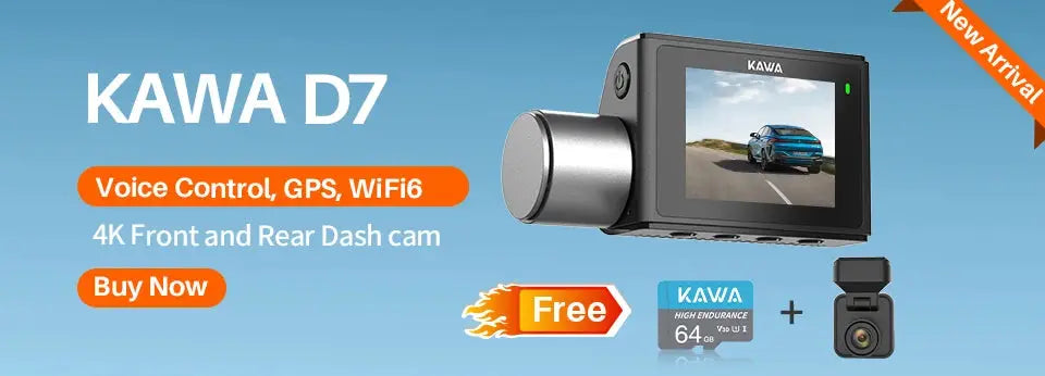 KAWA dash cam kit with front and rear cameras, black compact unit, includes 64GB microSD card