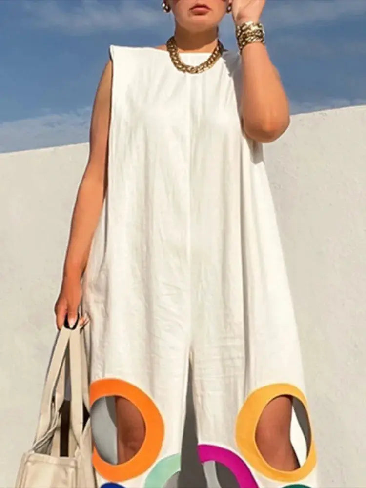White sleeveless wide-leg jumpsuit with rainbow circular hem accents, Simples Market