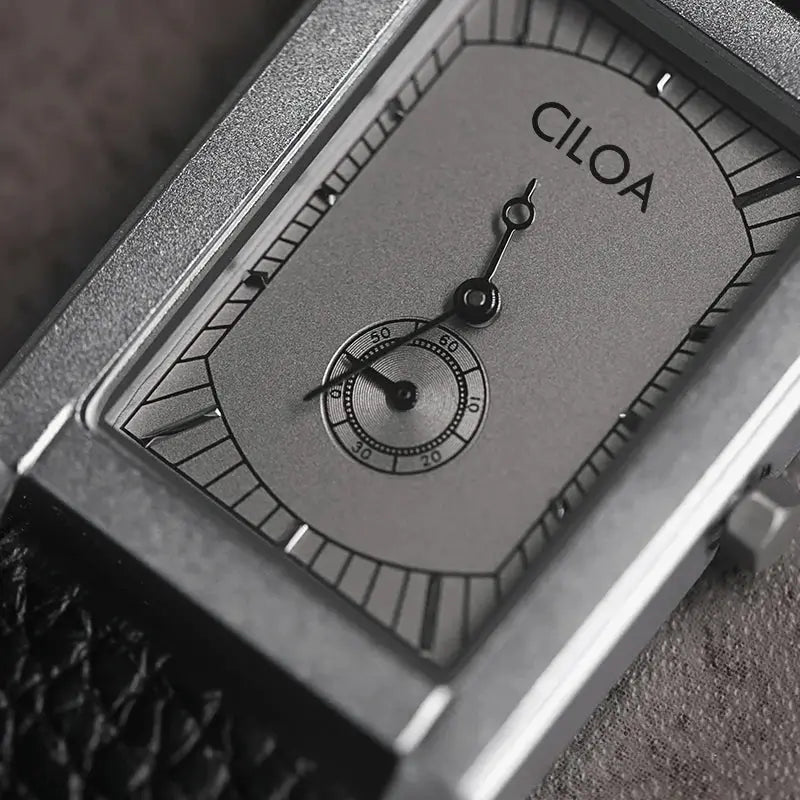 CLOA square men's watch with gray dial, black textured strap, and small seconds subdial.