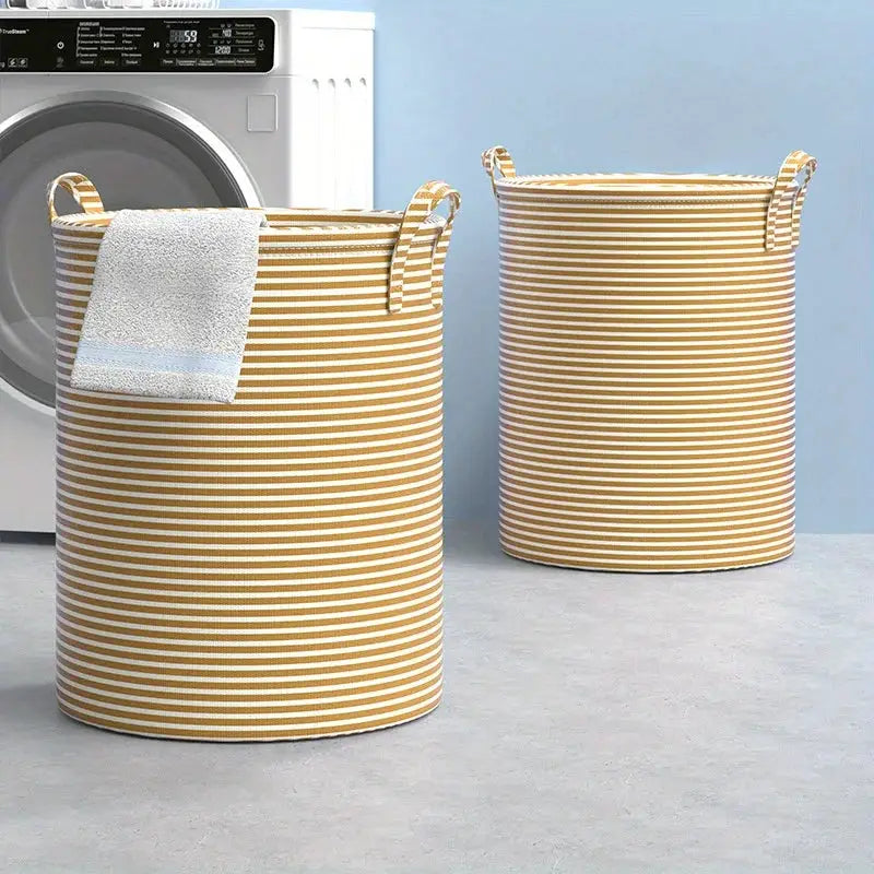 Foldable striped laundry baskets by Simples Market, beige and white, with handles, 2-pack