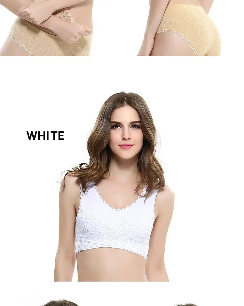 Simples Market white lace bralette with scalloped edges; beige lace-trim underwear shown in side views.